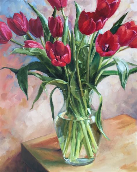 Red Tulips In Vase Oil On Canvas Artist Louisa Stoll Floral