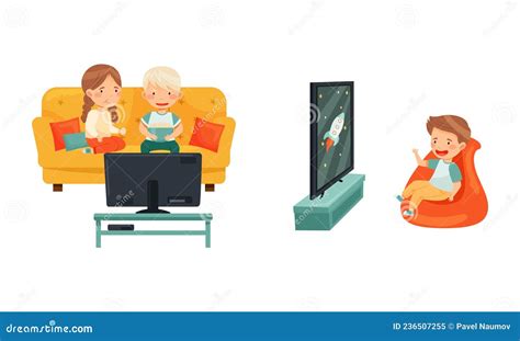 Cute Preschool Kids Watching Tv Child Leisure Concept Vector