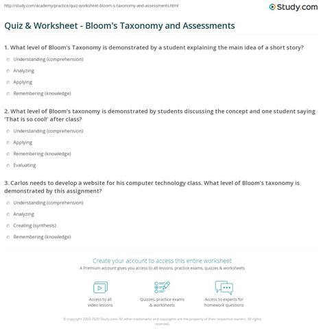 Quiz And Worksheet Blooms Taxonomy And Assessments