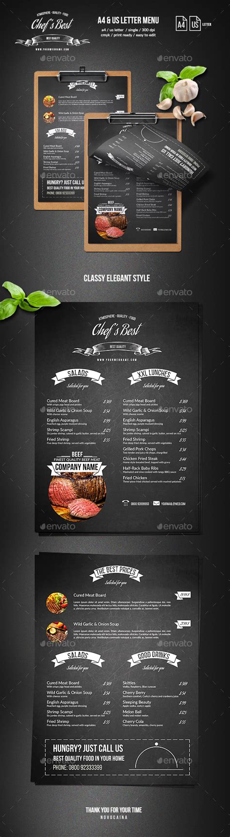 Chefs Restaurant Menu A4 And Us Letter Single Page By Novocaina