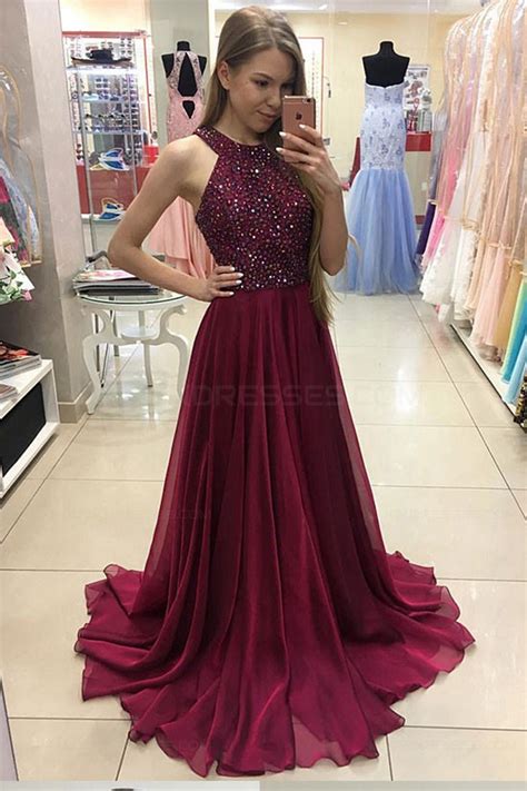 A Line Burgundy Beaded Chiffon Prom Dresses Party Evening Gowns 3020244
