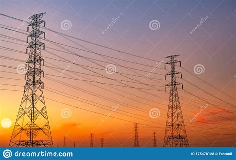 Silhouette High Voltage Electric Pylon And Electrical Wire With Purple