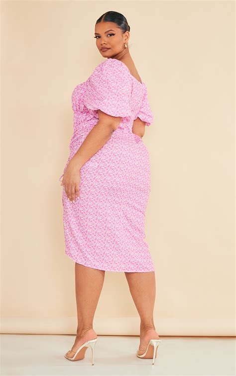 Plus Hot Pink Floral Puff Sleeve Split Midi Dress Prettylittlething