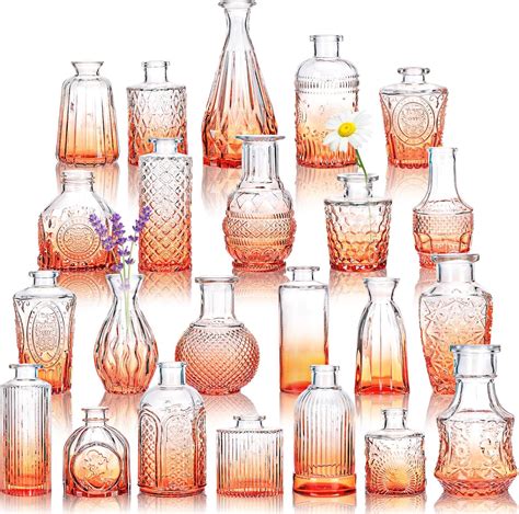 Cucumi 24pcs Glass Bud Vase Set In Bulk Gradual Orange Pink Relief Vase For