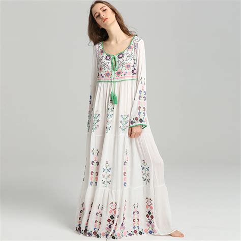 Bohemian Floral Embroidered Maxi Dress Tassel V Neck Long Sleeve Autumn