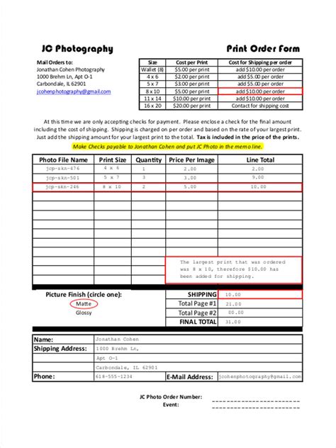 Free 7 Photography Order Forms In Pdf Ms Word
