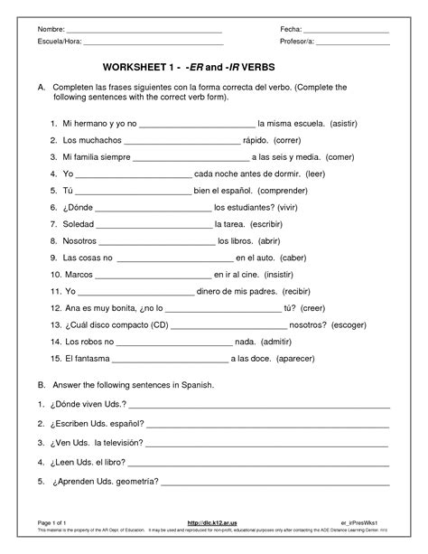 Answer Key Spanish Ar Verbs Worksheet Answers