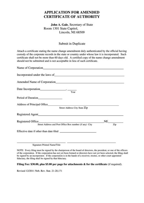 Fillable Amended Certificate Of Authority Application Form 2011