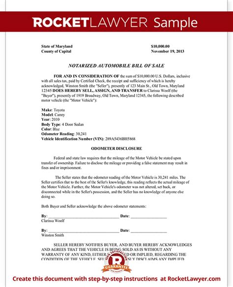 Car bill of sale sample form 01. Notarized Automobile Bill of Sale Form Template - With Sample