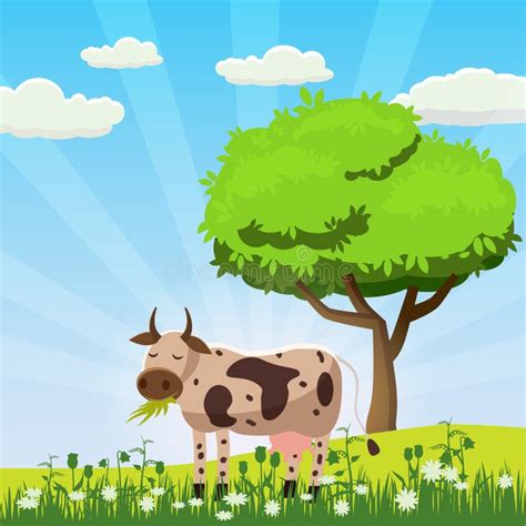 A Cow Grazes In A Meadow Eating Grass In A Landscape Cartoon Style Vector Illustration Stock