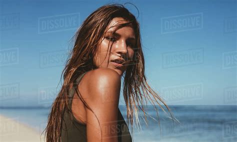 Close Up Portrait Of Attractive Young Woman On The Beach Young Caucasian Female Model Posing On