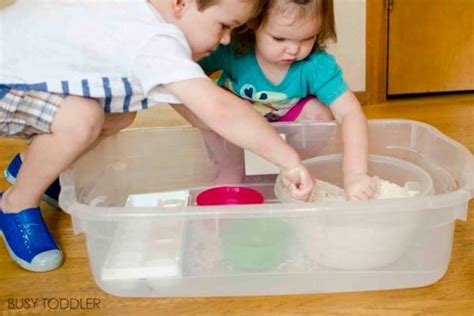 Scooping Rice Sensory Bin Busy Toddler