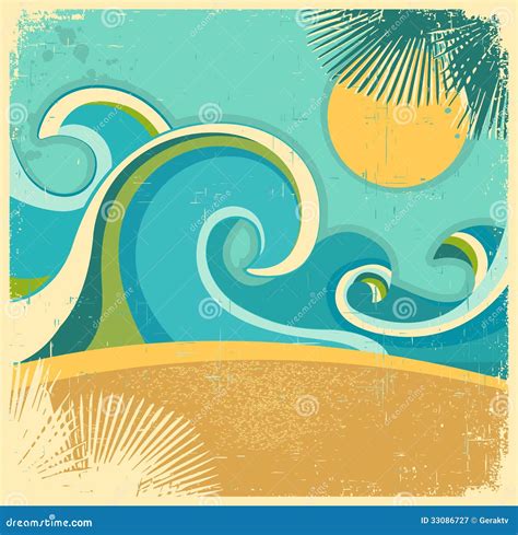 Vintage Nature Sea With Waves And Sunvector Retro Stock Vector