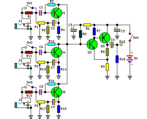 Furthermore, which each input level able to trimmed with support of trimmers pots p4 to p6 to adapt each input to the source. Three Channel Audio Mixer Circuit - The Circuit