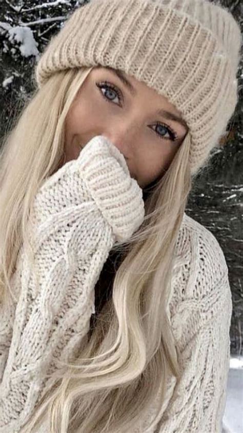 Blonde Women Angora Knitwear Outfit Cold Girl I Love Winter