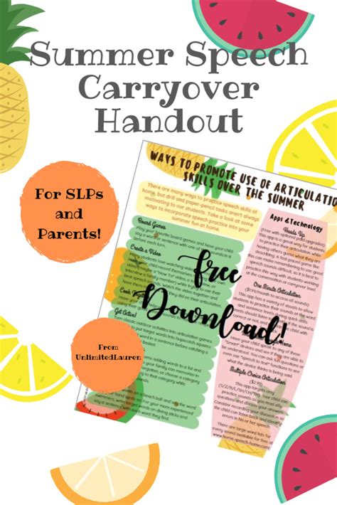 Summer Speech Homework Free Printable Handout Unlimited Lauren