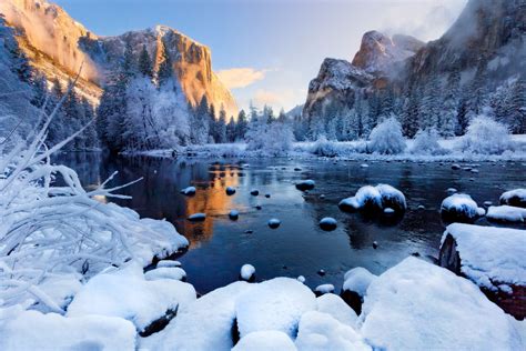 Yosemite National Park Sunset River Next Fog Forest Snow