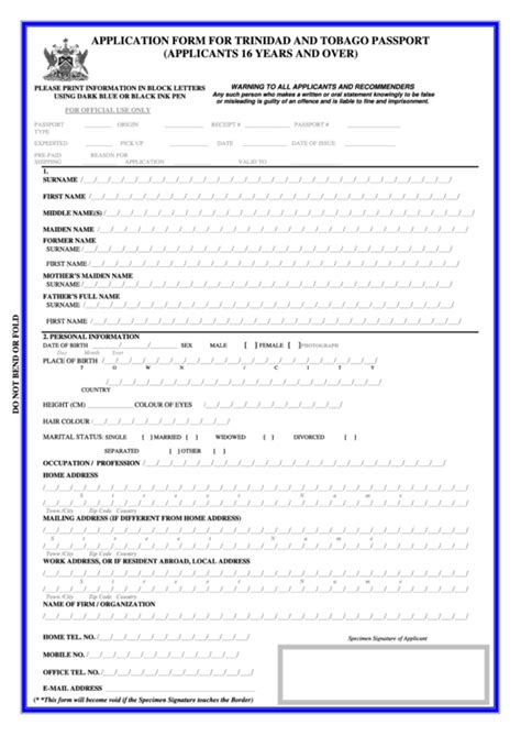 Application Form For Trinidad And Tobago Passport Applicants 16 Years