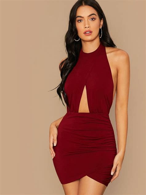 Peekaboo Front Wrap Ruched Detail Halter Backless Dress Shein Backless Dress Ruched Bodycon