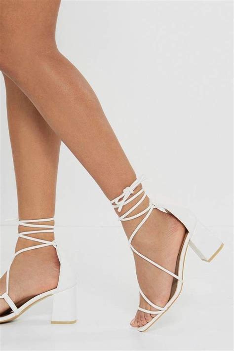 Strappy Lace Up Block Heel Sandals In 2022 White Sandals Heels White