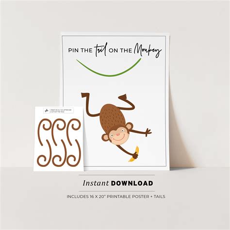 Pin The Tail On The Monkey Kids Party Game Printable Poster Birthday