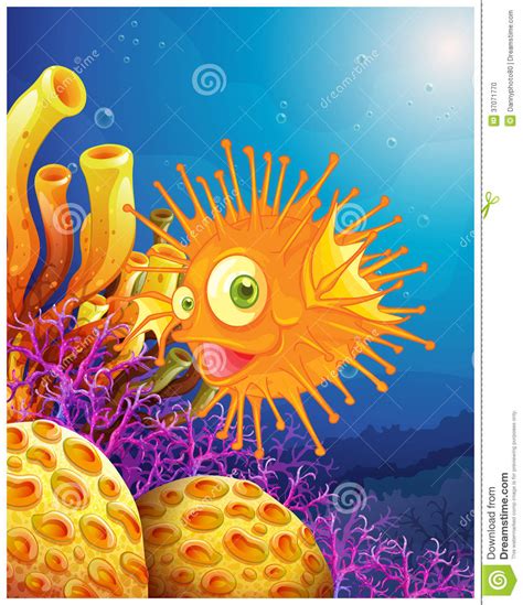 An Orange Puffer Fish Near The Coral Reefs Stock Illustration
