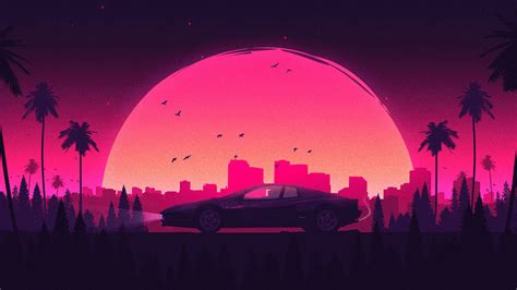 Wallpaper Retrowave Old Car Sunset Palm Trees Cityscape Pink