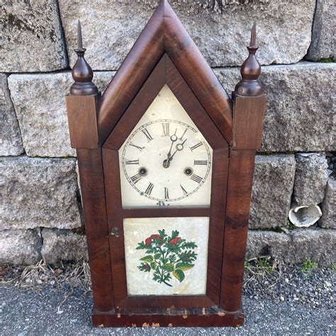 Antique New Haven Clock Company Reverse Painting Steeple Vintage 8 Day