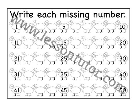 Missing Numbers 1 50 Worksheets Kindergarten Lesson Tutor
