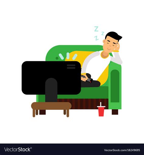 Young Man Sleeping In Front Tv Cartoon Royalty Free Vector