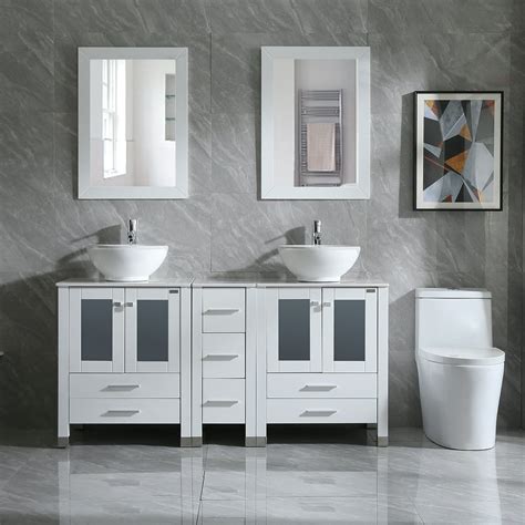 Walcut New White Bathroom Double 60 Tempered Glass Vanity Top Cabinet