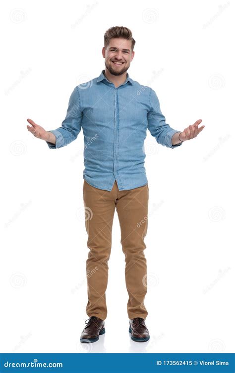 Cheerful Casual Man Welcoming And Smiling Stock Image Image Of