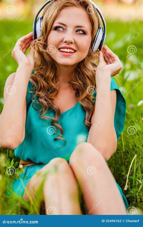 Woman Portraits With Headphones Stock Photo Image Of Green Blonde