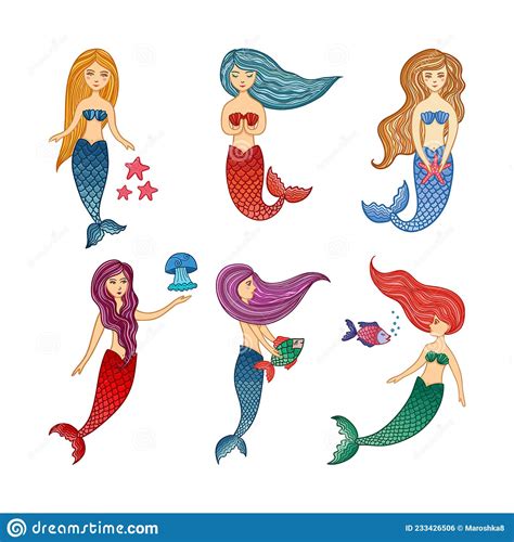 Set Of Cute Cartoon Mermaids Vector Illustration Isolated Stock