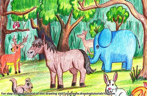 Forest With Animals Colored Pencils Drawing Forest With Animals With