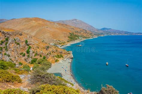 Panorama View Of Preveli Beach At Greek Island Crete Stock Photo