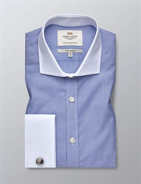 Mens Formal Blue And White Fine Stripe Extra Slim Fit Shirt Double Cuff Windsor Collar Easy