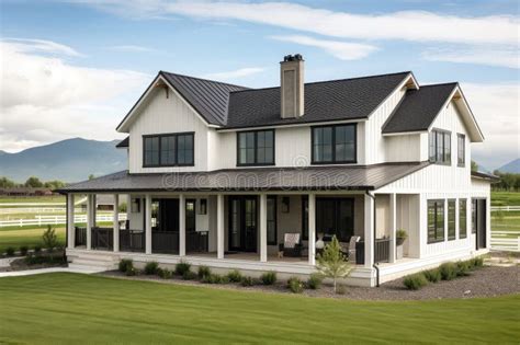 Modern Farmhouse With Wrap Around Porch And View Of The Mountains Stock