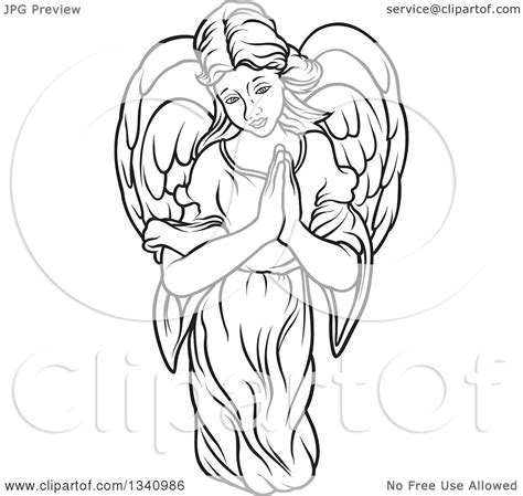 Clipart Of A Black And White Female Angel With Prayer Hands Royalty