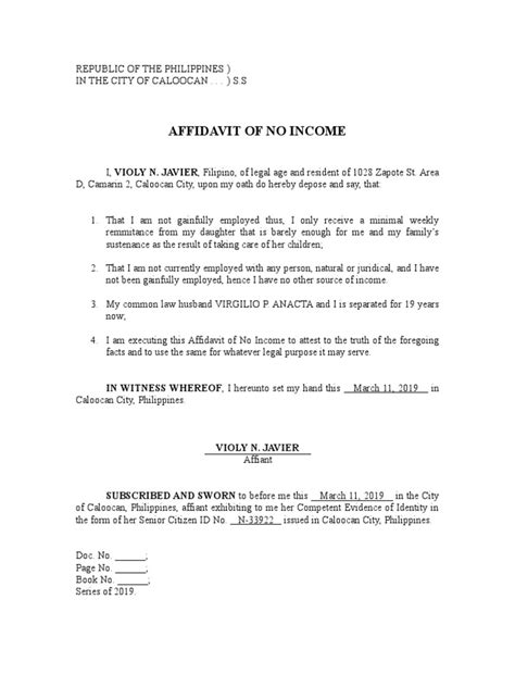Affidavit Of No Income Pdf Affidavit Government Information