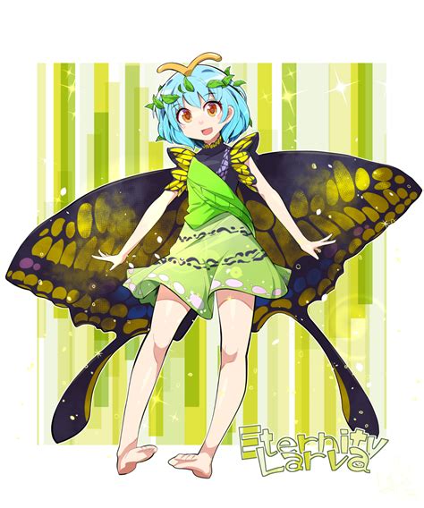 Safebooru Girl Antennae Aqua Hair Bare Legs Barefoot Butterfly Wings