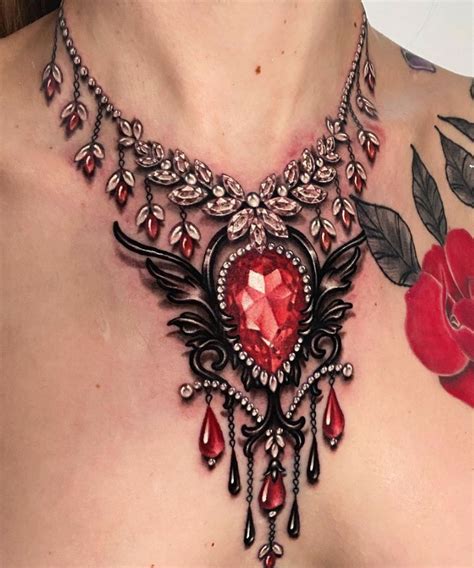Ruby Necklace Chest Tattoo Chest Piece Tattoos Gem Tattoo Jewelry Tattoo