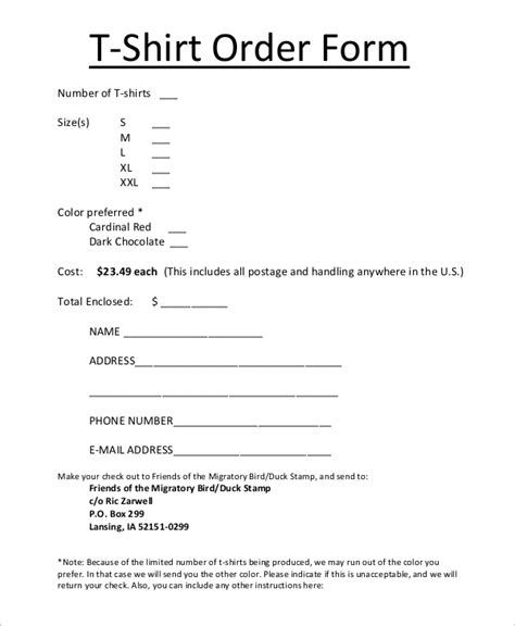 Sample Shirt Order Form Template