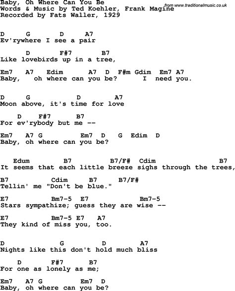 Song Lyrics With Guitar Chords For Baby Oh Where Can You Be Fats