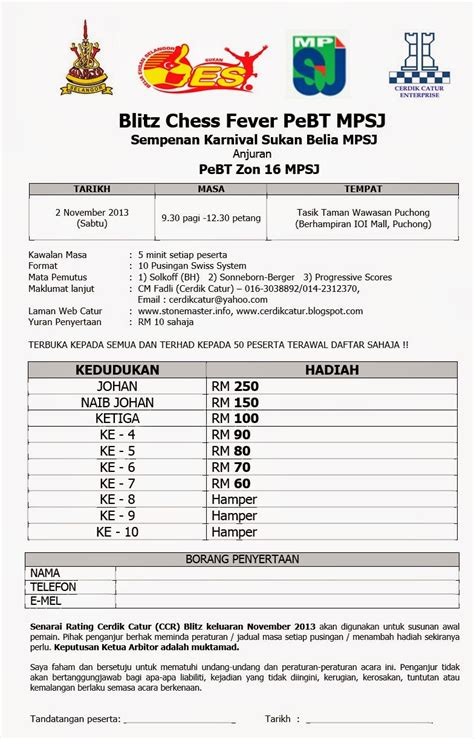 Borang permohonan hendaklah dihantar ke pejabat pentadbiran maipk daerah. Cerdik Catur Enterprise: Blitz Chess Fever PeBT 16 MPSJ ...