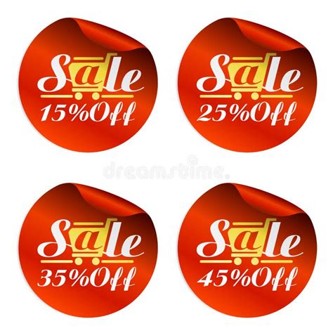 Red Sale Stickers 10 20 30 40 Off With Gold Shopping Cart Stock