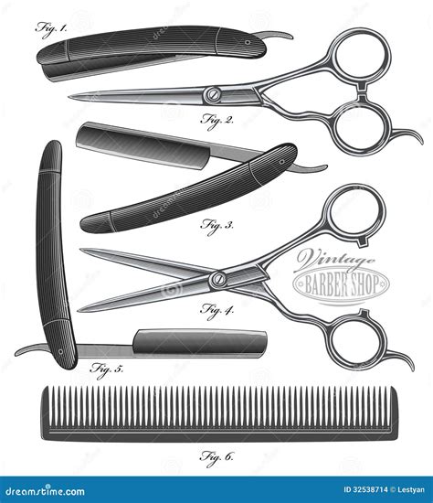 Comb Scissors And Razor In Vintage Engraved Style Stock Images Image