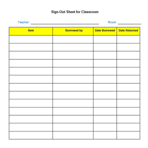Check Sign Out Sheet Template
