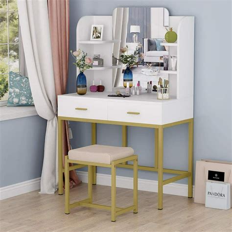 Tribesigns Vanity Set With Mirror And Cushioned Stool Large Makeup Vanity With Storage Shelves