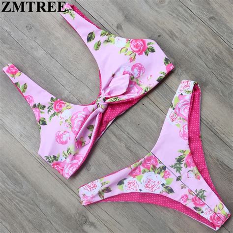 zmtree swimsuit 2017 floral printed swimwear dot printed bikini women bowknot bikini set double